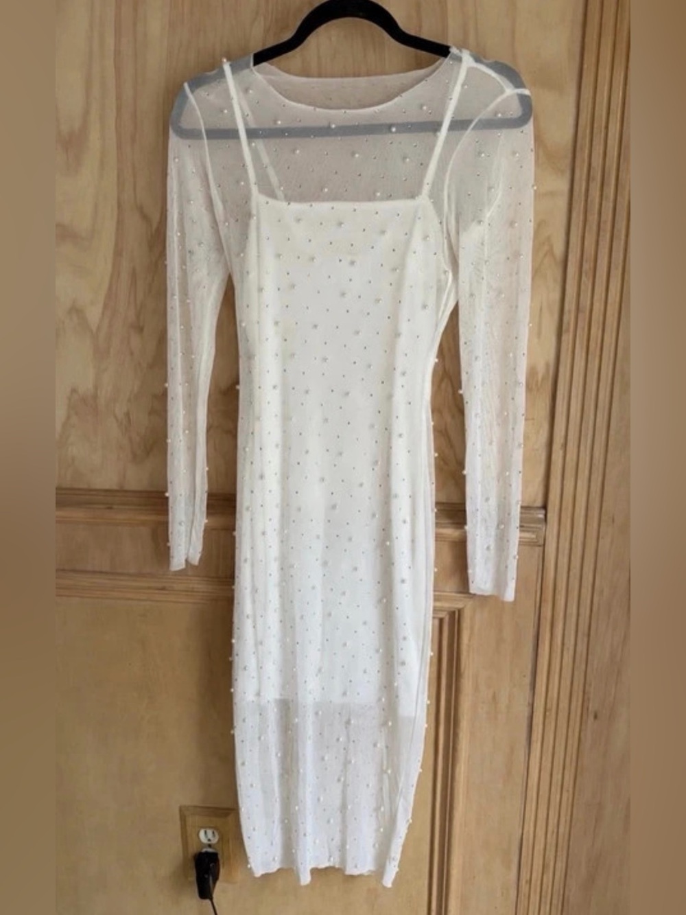 Sincerely Jules White Sheer Beaded Long-Sleeve Slip Dress